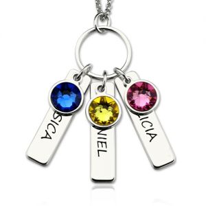 Mothers Bar Charm Necklace Engraved Kids Name & Birthstone