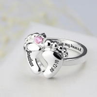 Engraved Date Baby Name Feet Ring with Birthstone