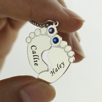 Baby Feet Name Necklace with Birthstone Silver