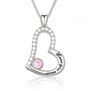 Mothers Birthday Gifts Love Mom Necklace With Birthstone In Silver